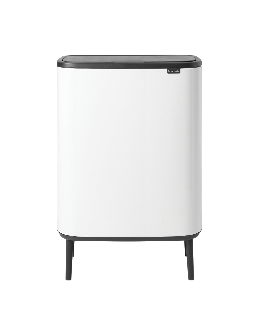 Ein weißer Mülleimer mit schwarzem Deckel und Beinen. Der Markenname 'brabantia'.