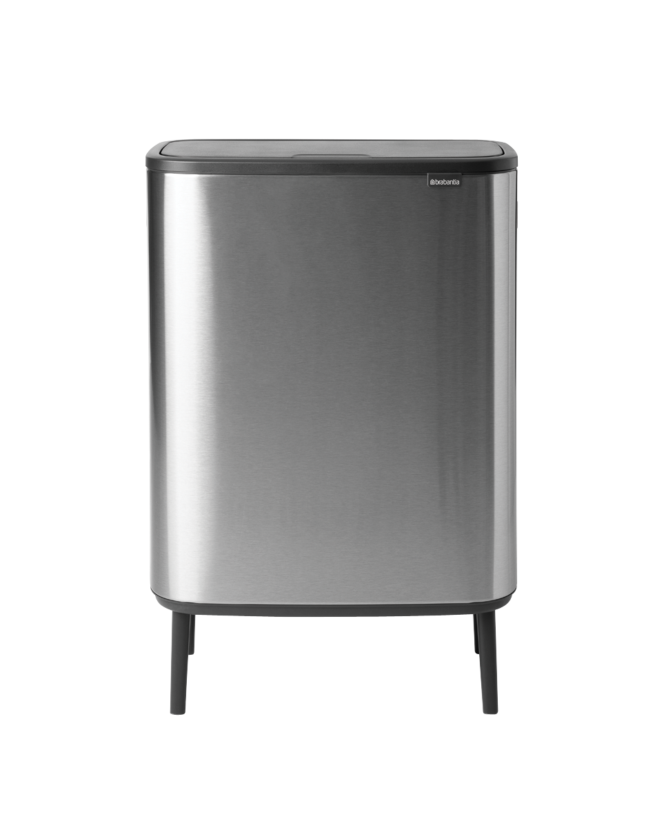 Brabantia Mülleimer aus Edelstahl. Rechteckig, mit schwarzem Deckel und Beinen.