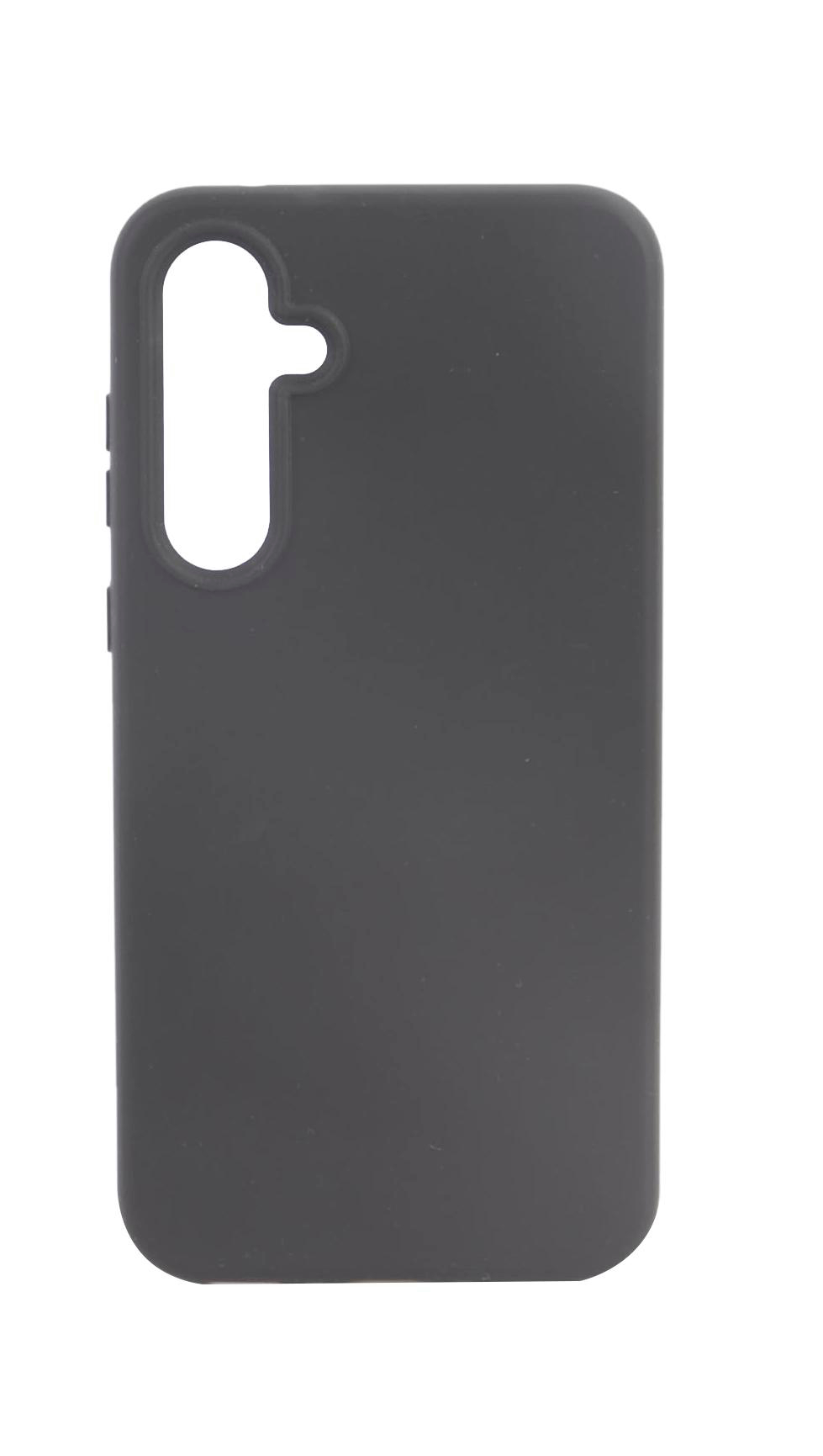 Eine schwarze Handyhülle mit einfachem Design, mit Aussparungen für Knöpfe und die Kamera.