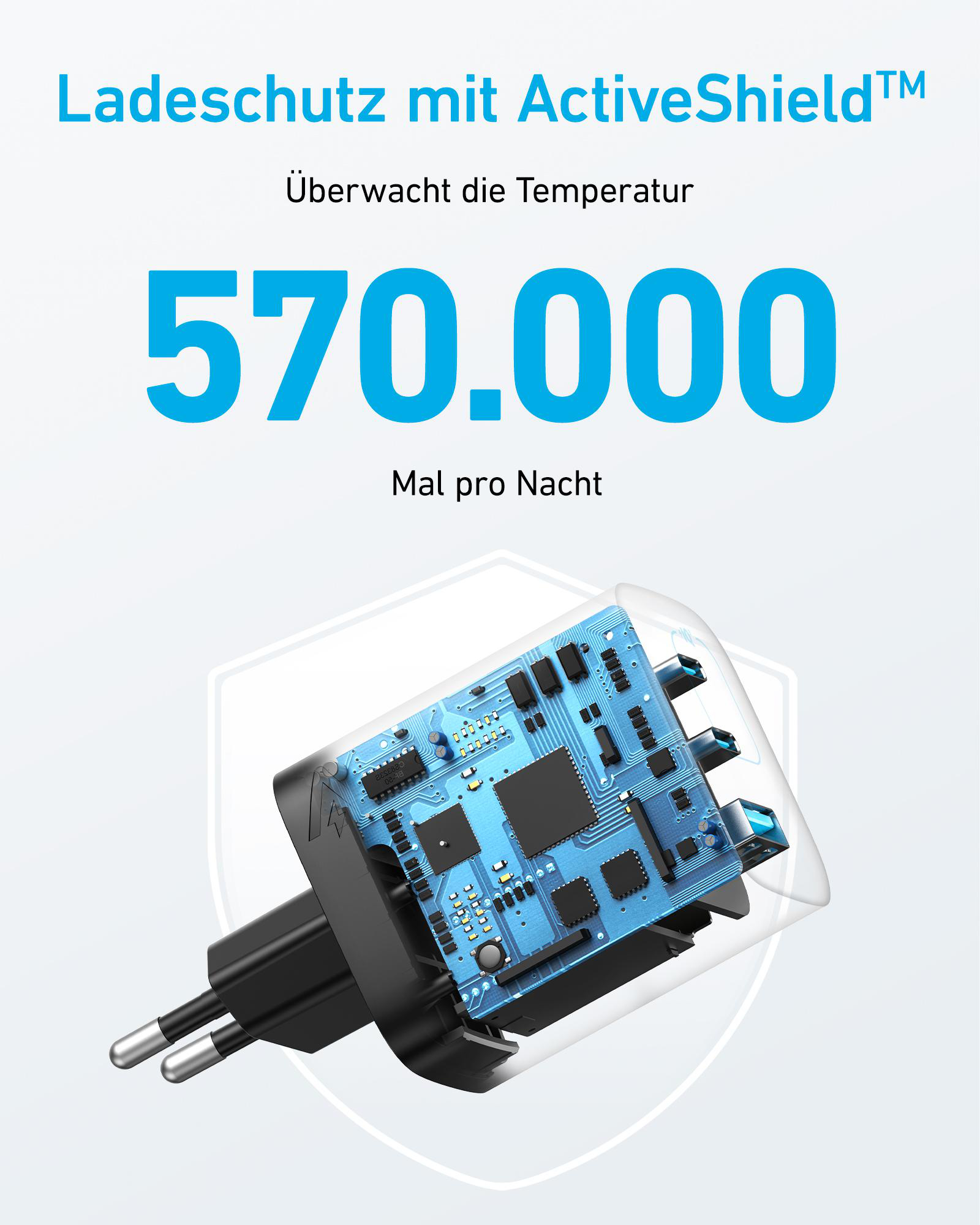 Ein Ladeadapter mit einer Leiterplatte, Text über die Temperaturüberwachung.