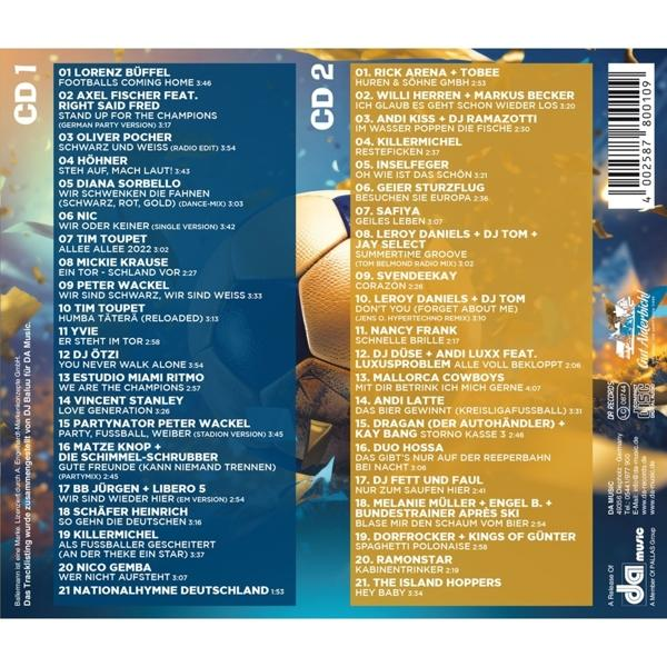 CD-Cover mit Titellisten für zwei Discs, mit einem Fußball-Design.
