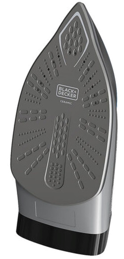 Spód szarego żelazka z czarnymi i szarymi detalami.