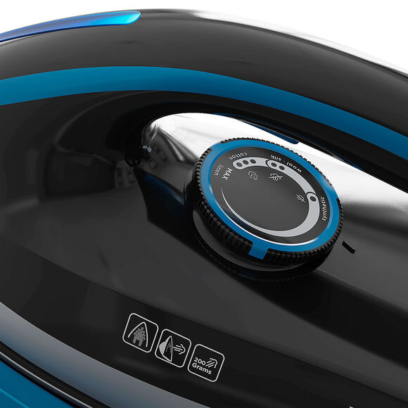 Żelazko z pokrętłem do ustawień, pokazujące bawełnę, len, wełnę jedwab i syntetyk.