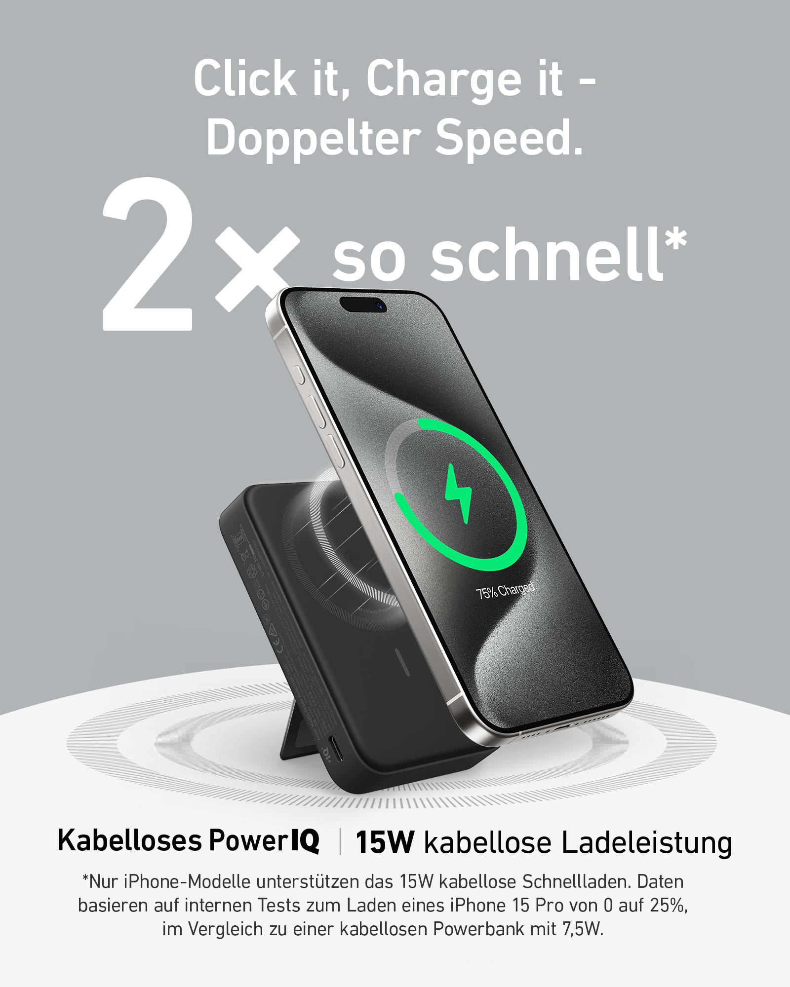 Telefon auf kabellosem Ladegerät. Ladestatus beträgt 75 %.