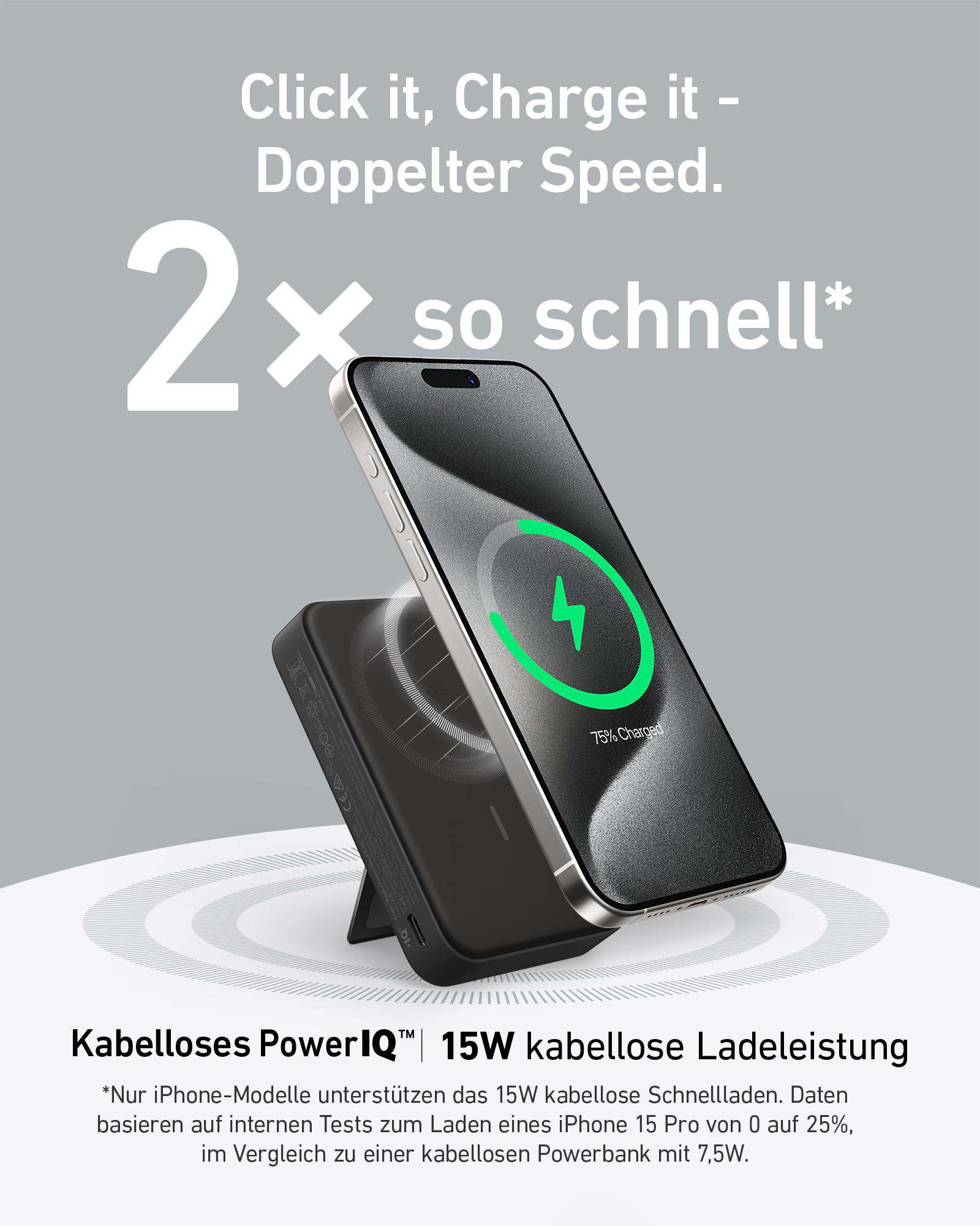 Schwarzes Telefon auf kabellosem Ladegerät, Bildschirm zeigt Laden. Text: Click it, Charge it.