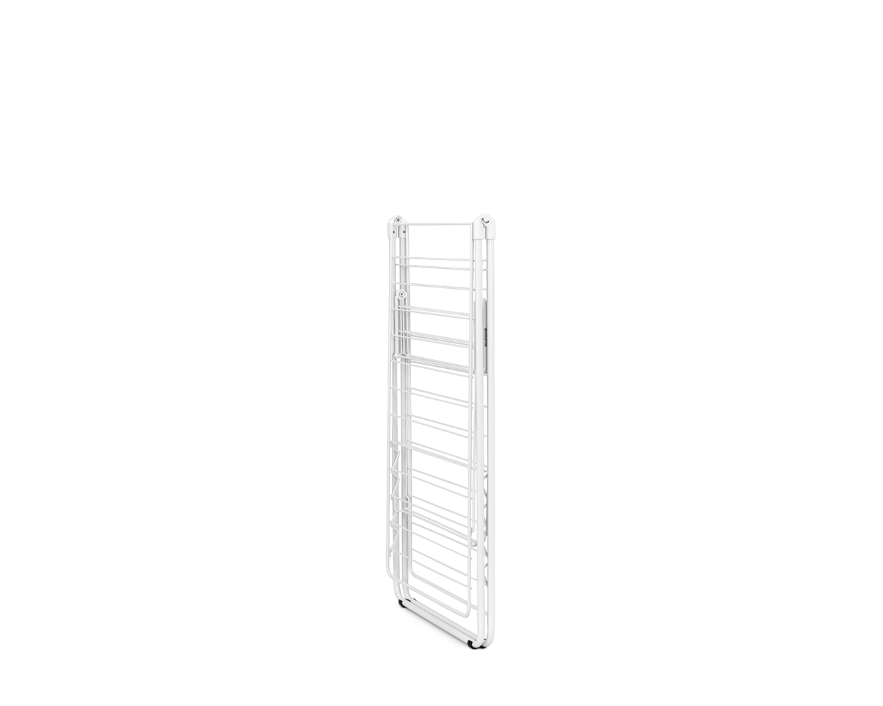 Weißer, zusammengeklappter Wäscheständer, freigestellt auf Weiß, einfaches Design.