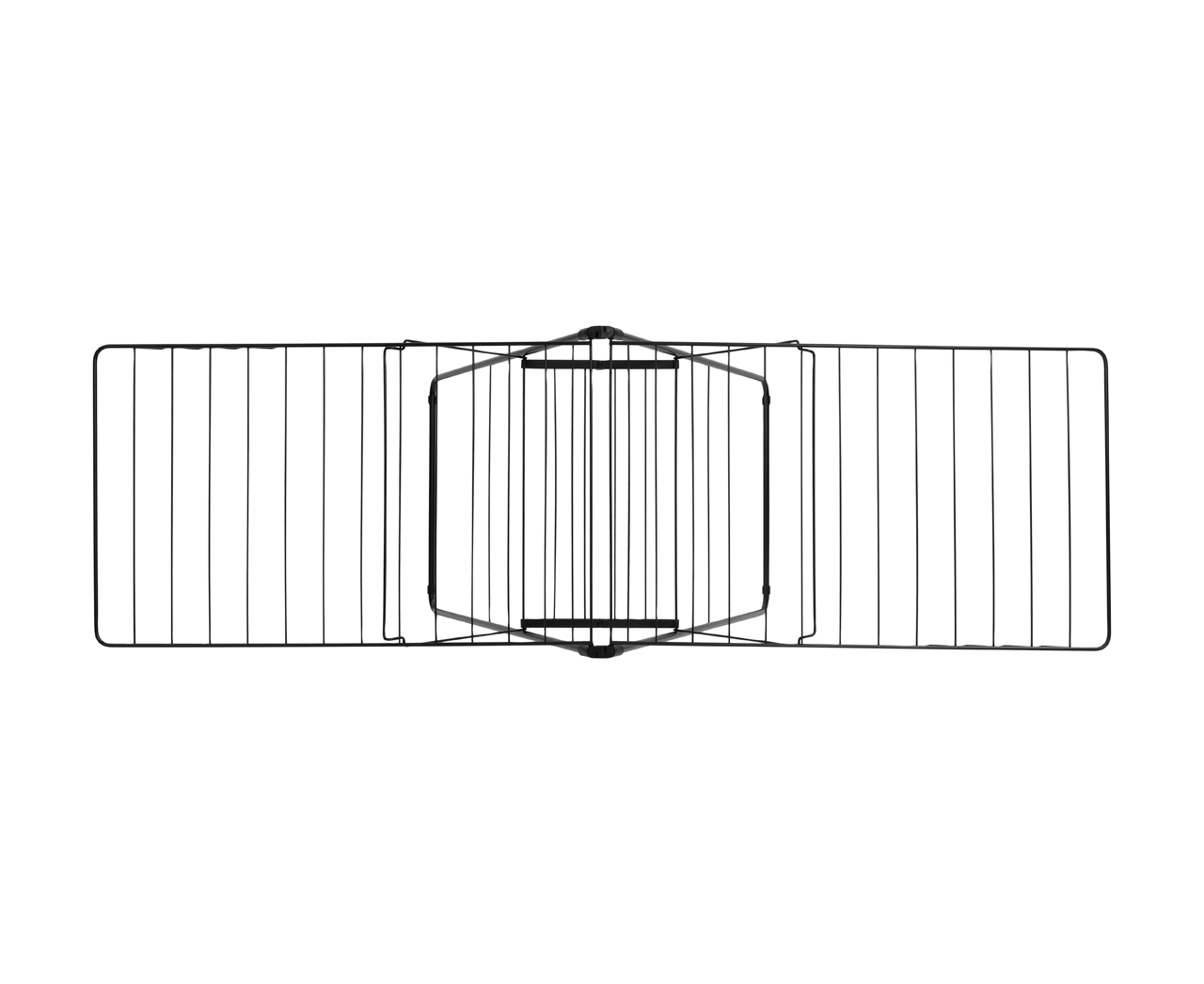 Schwarzes Metall-Wäschegestell, Draufsicht. Das Gestell hat eine rechteckige Form mit Falt-Design.