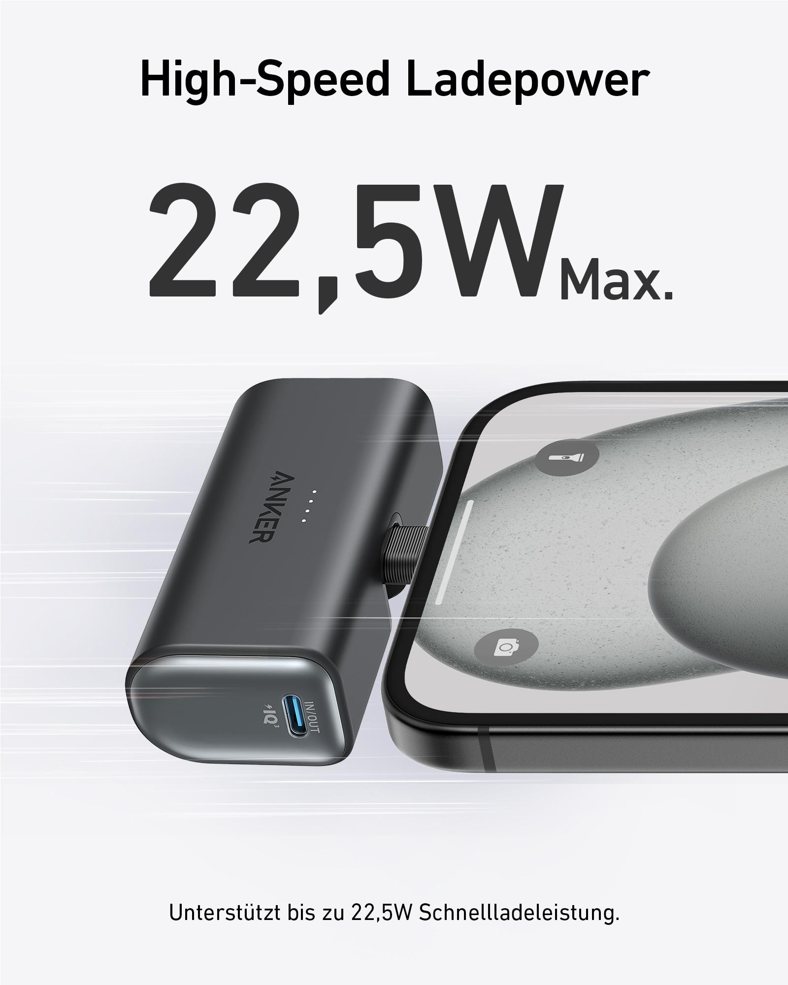 Schwarze Anker Powerbank neben einem Telefon. Zeigt 22,5W Max und Ladeanschluss.