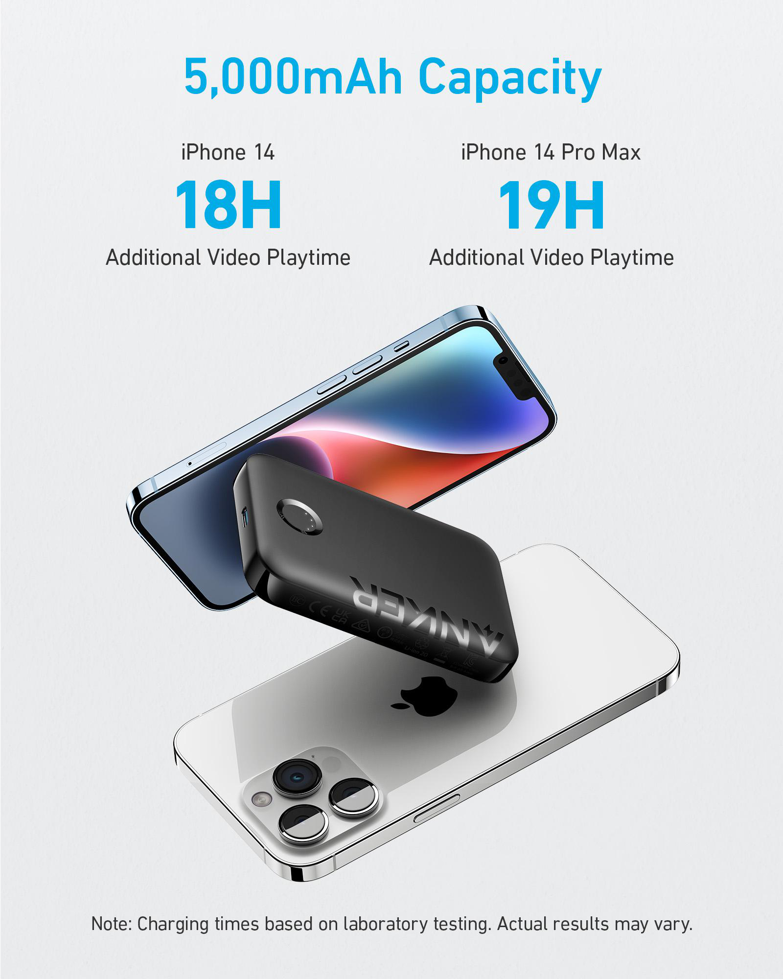 Schwarze Powerbank mit iPhone 14 und 14 Pro Max, die Videospielzeit anzeigt.
