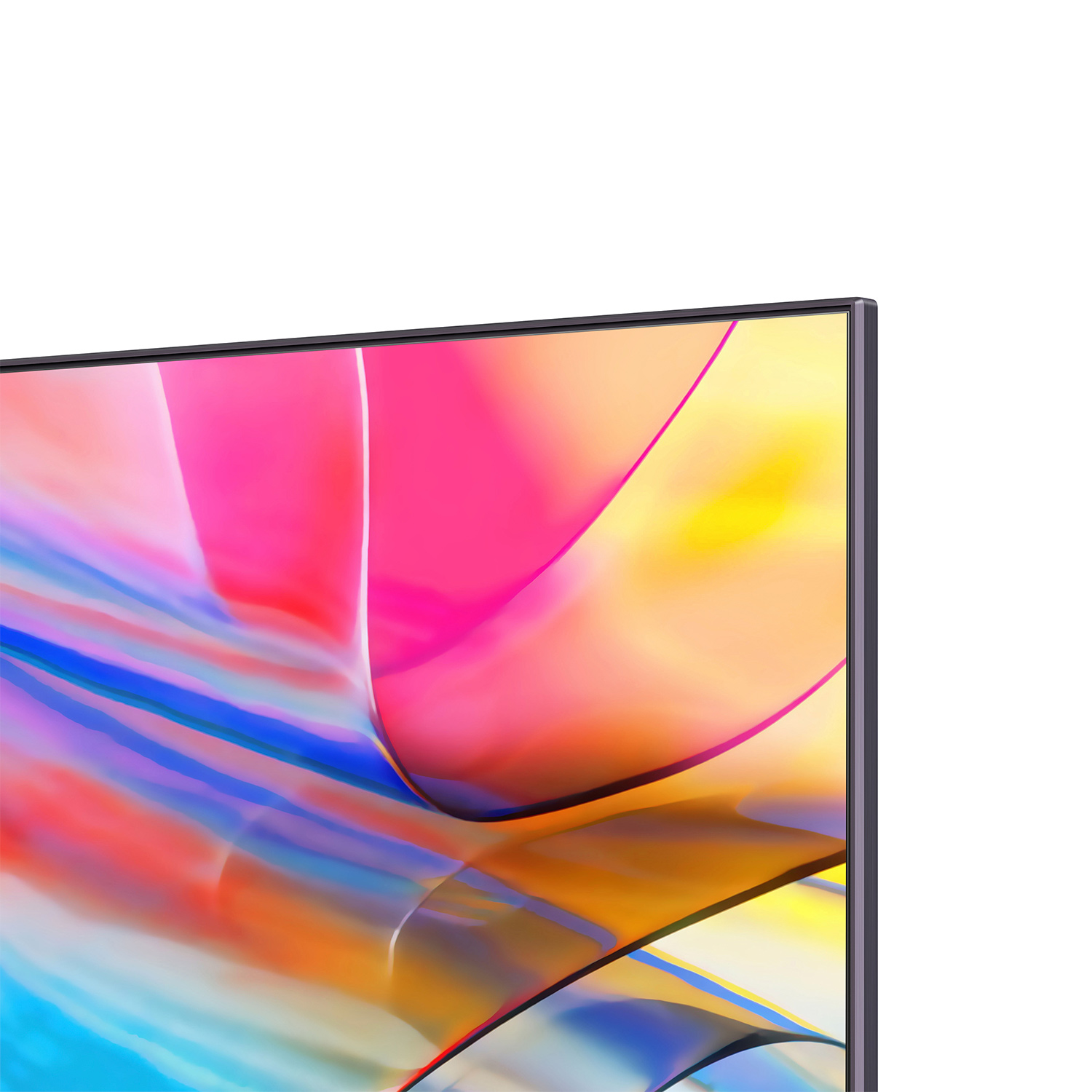 Primer plano de una pantalla de TV con diseño abstracto y colorido. El borde del TV es visible.