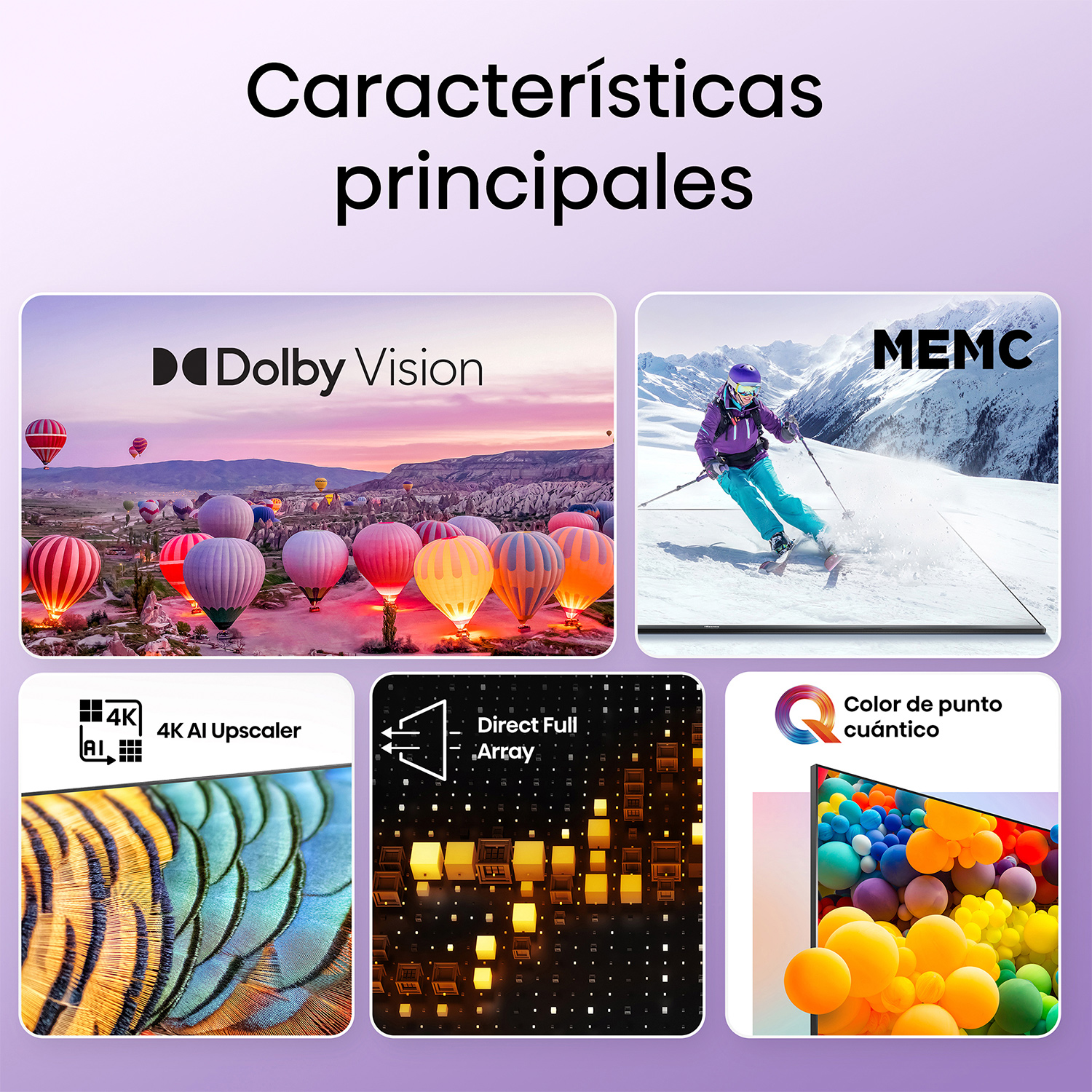Pantalla de TV con funciones de imagen. Imágenes incluyen globos aerostáticos, un esquiador y plumas.