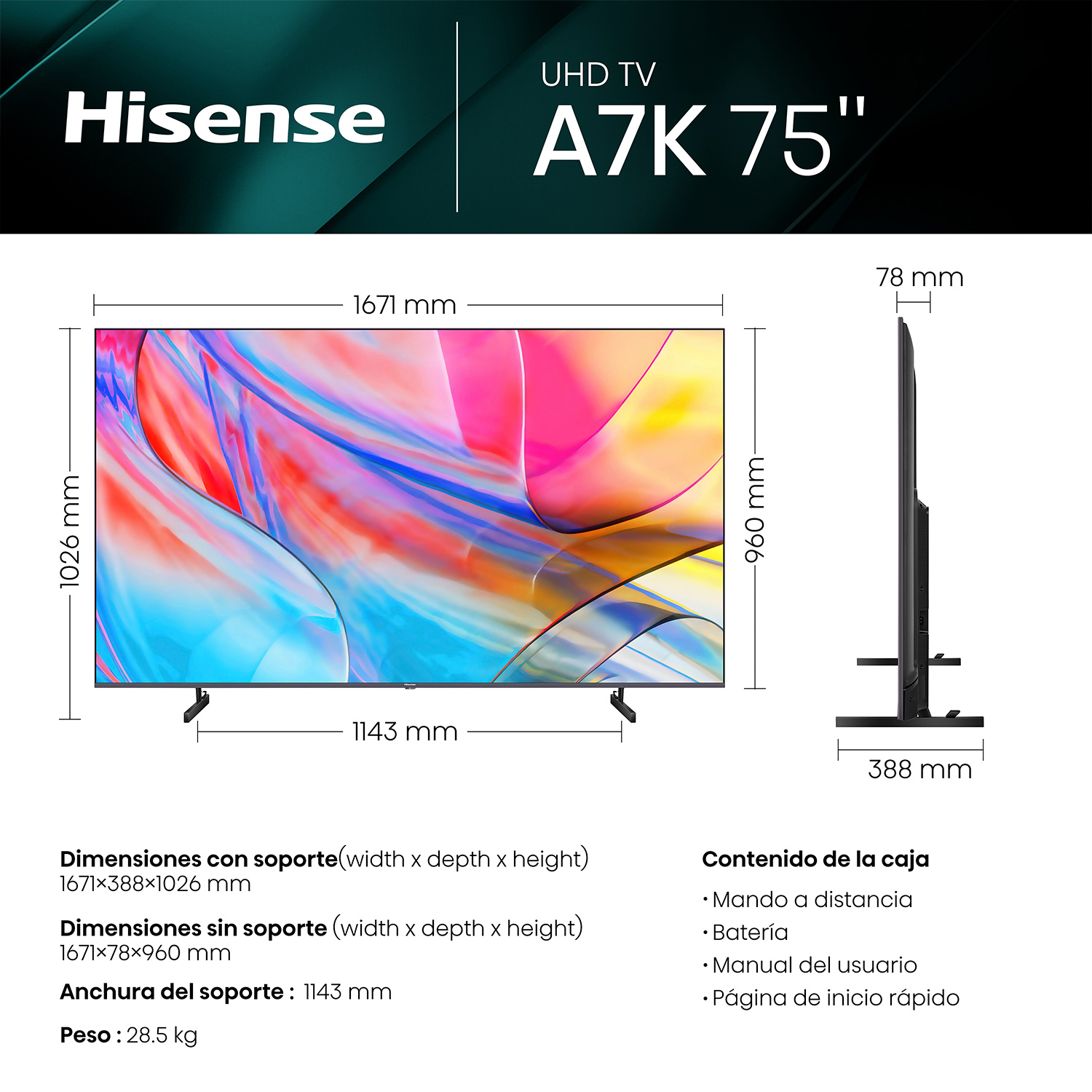 TV Hisense UHD con dimensiones y texto.