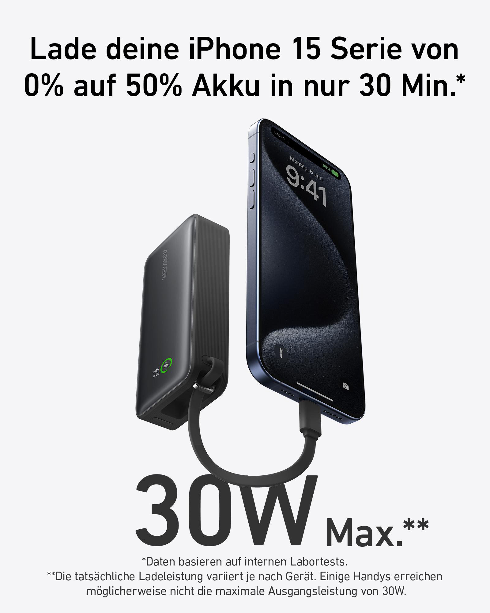 Eine schwarze Powerbank lädt ein blaues Telefon auf. Der Text zeigt, dass das Telefon in 30 Minuten von 0 auf 50 % geladen wird.