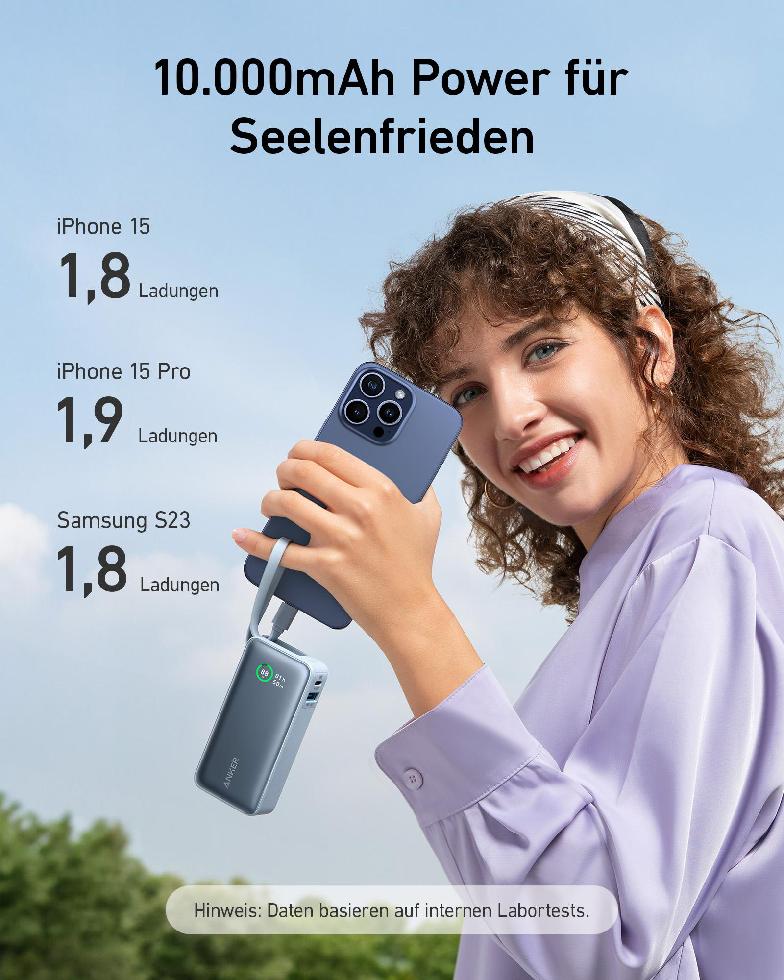 Frau hält blaues Telefon, verbunden mit blauer Powerbank. Text über Strom und Telefonladen.