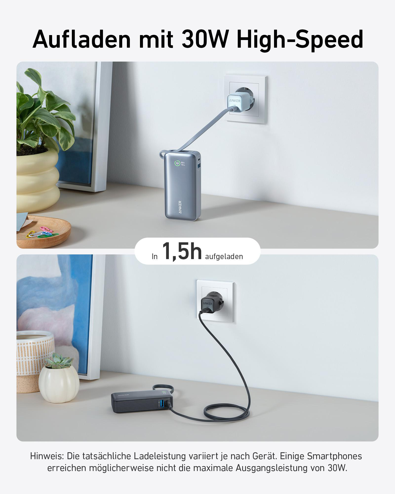 Zwei Bilder, die eine Powerbank zeigen, die ein Gerät lädt, mit Text.