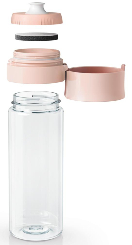 Zdemontowana butelka na wodę z różowymi akcentami. Pokazuje korpus butelki, pokrywkę, filtr i górną nasadkę.