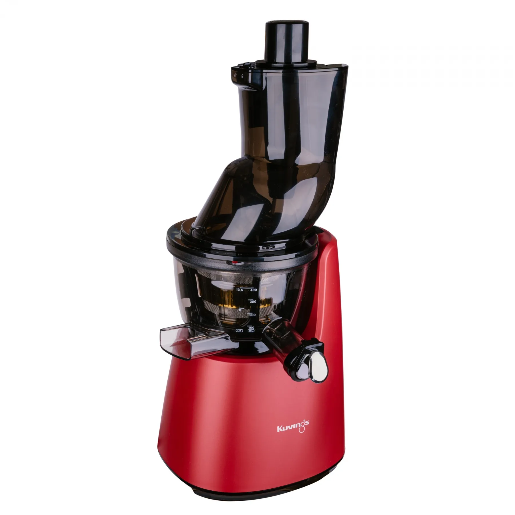 Czerwona wyciskarka Kuvings z czarnym wierzchem i białym tłem.