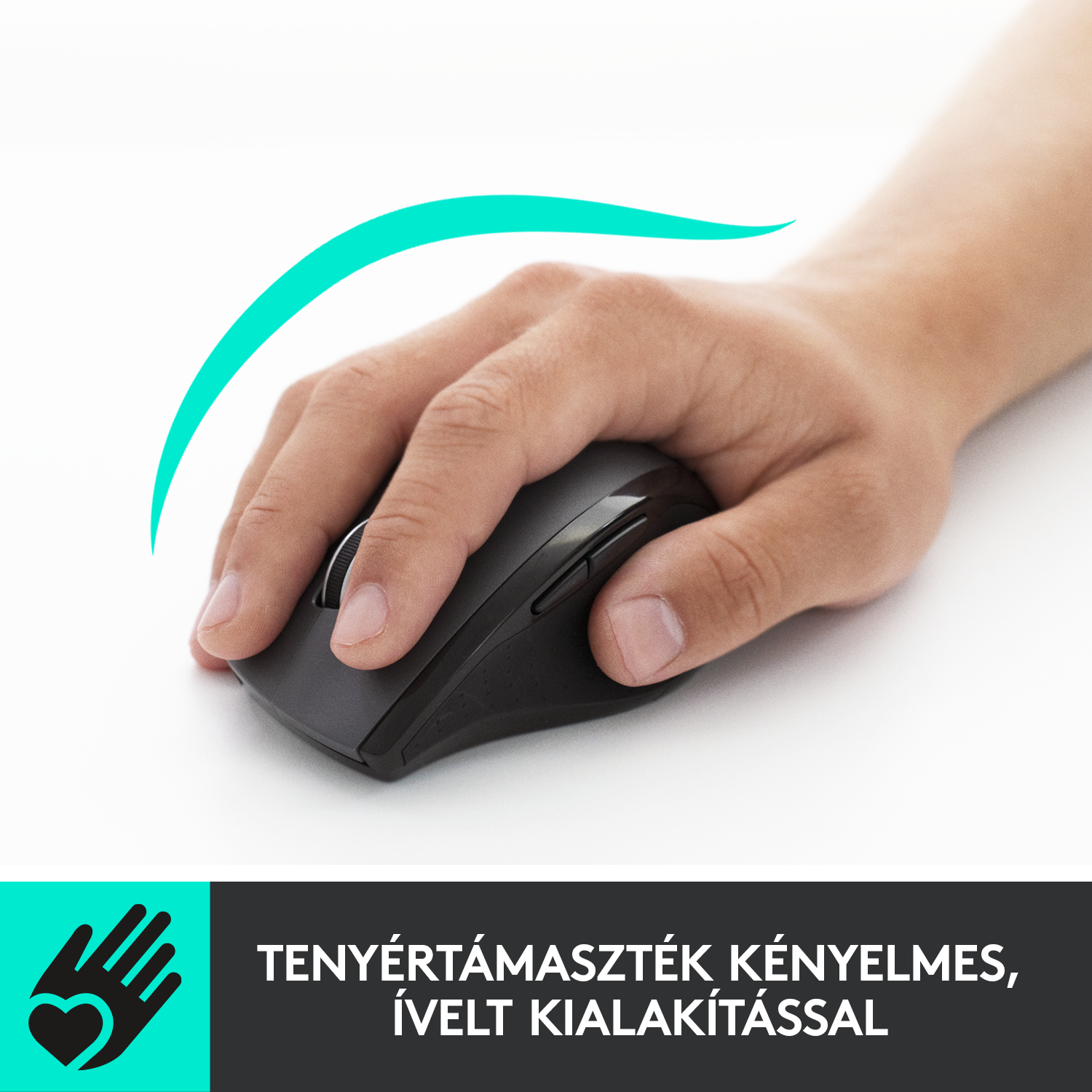 Egy személy keze fekete egeret tart, felette ívelt zöld vonal.
