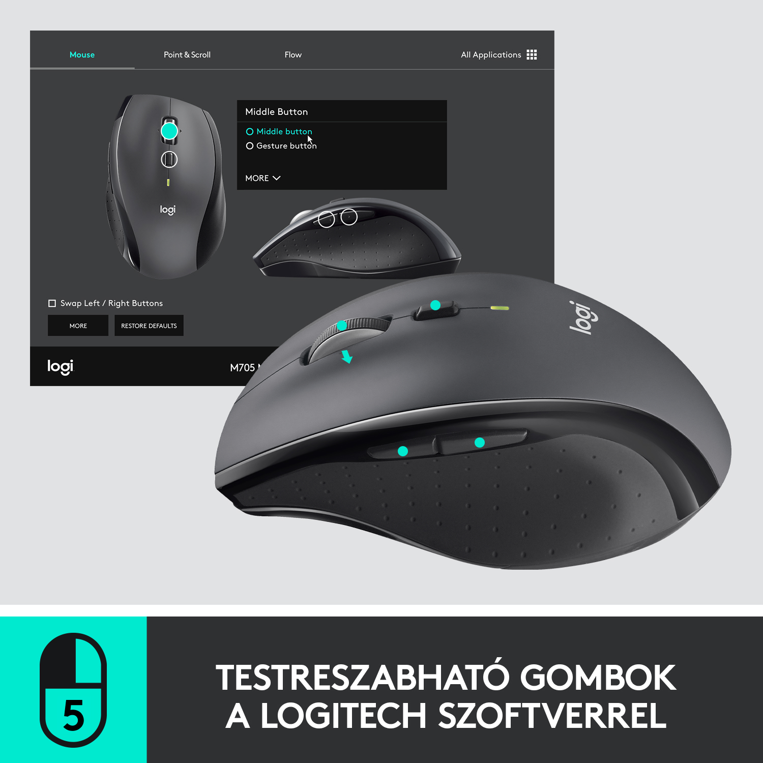 Logitech egér és szoftver interfész. Egér és szoftver vezérlőket mutat. Fekete egér türkiz kiemeléssel.