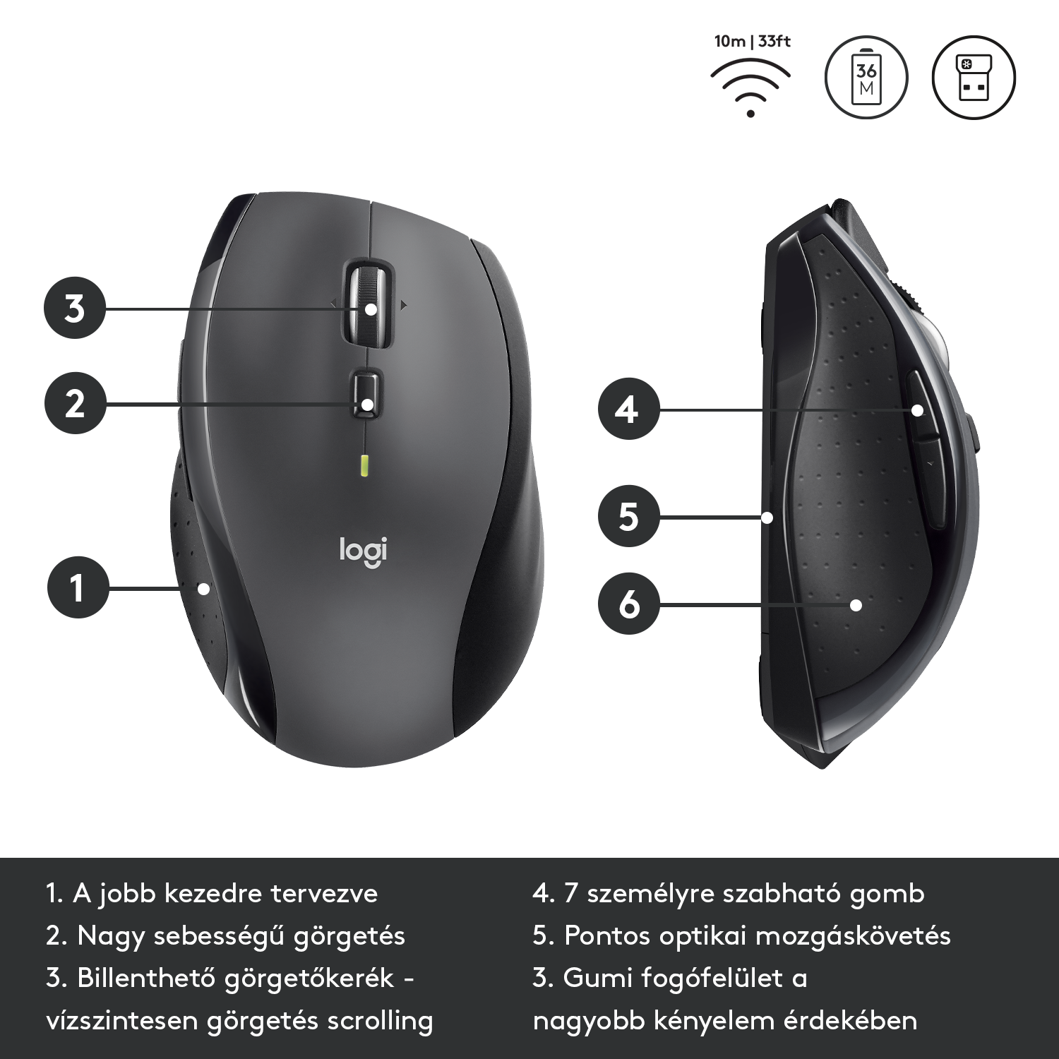 Fekete Logitech egér gombokkal, görgetőkerékkel és gumírozott fogással. Jellemzői: gyors görgetés, testreszabható gombok.