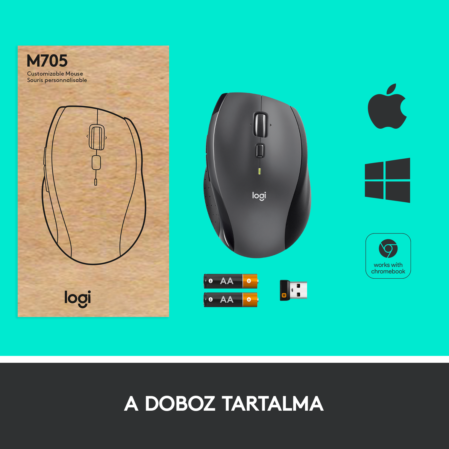 Logitech M705 egér csomagolása egérrel, AA elemekkel és egy USB vevővel.