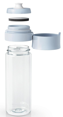 Widok rozłożony błękitnej butelki na wodę. Części obejmują nakrętkę, filtr i butelkę.