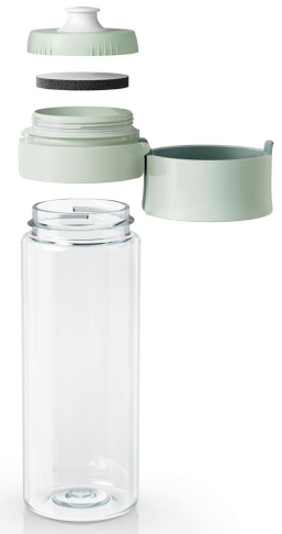 Przezroczysta butelka na wodę, zdemontowana. Zawiera zakrętkę, filtr, górę i przezroczysty korpus.