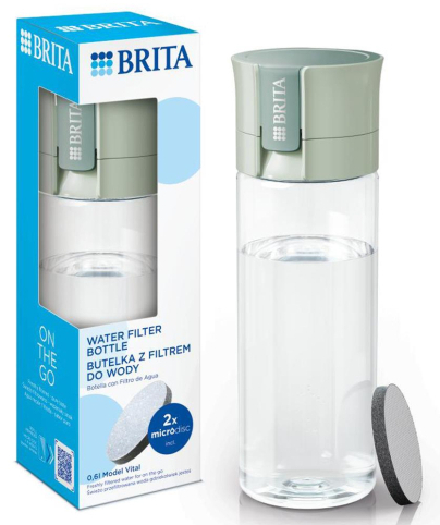 Butelka z filtrem do wody i jej pudełko, z wodą i pokazanym dyskiem filtrującym.