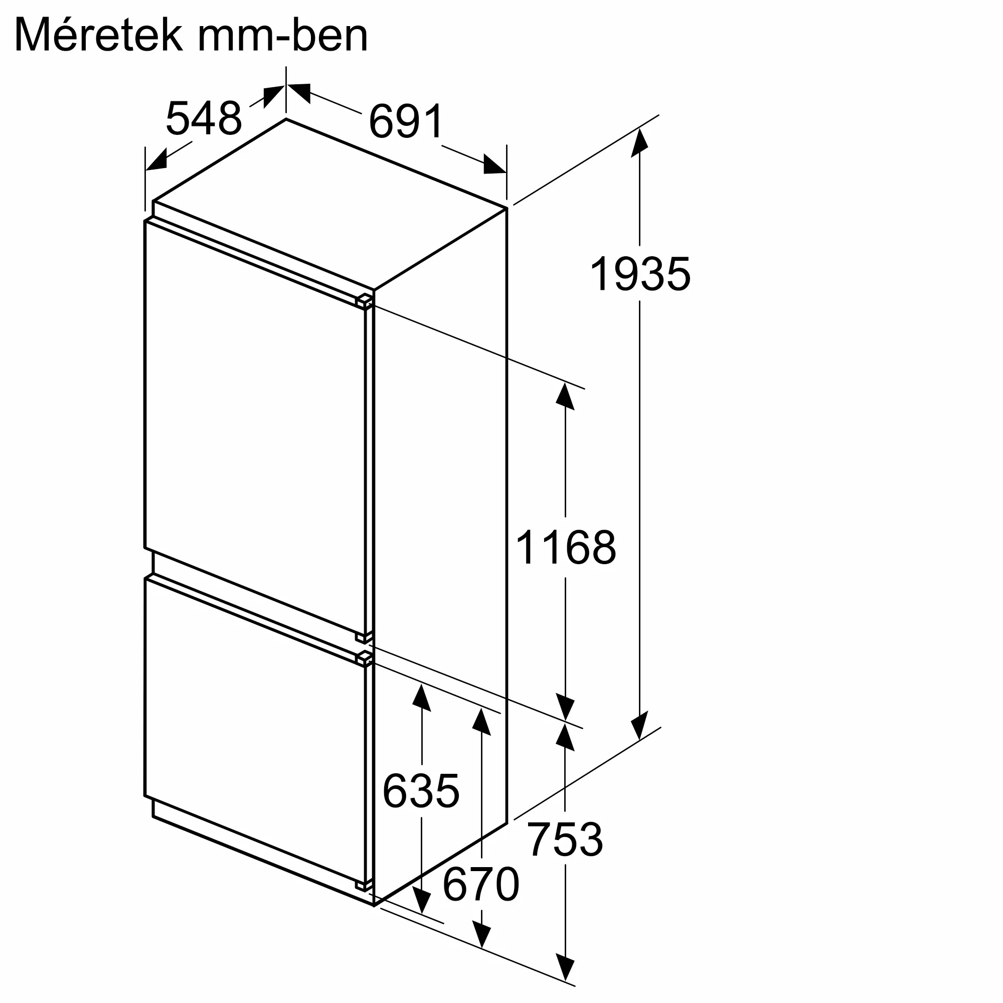 Hűtőszekrény diagramja méretekkel. Kétajtós hűtőt mutat méretekkel.