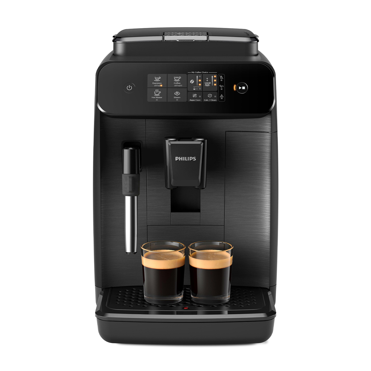Macchina da caffè nera con due bicchieri di caffè davanti.