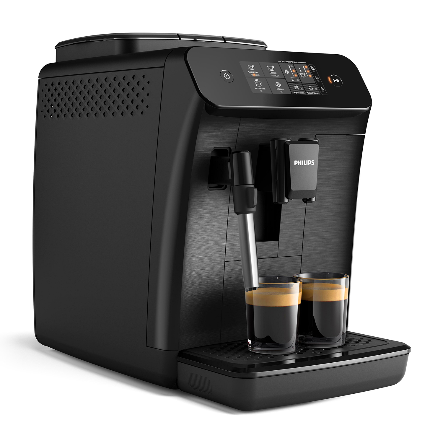 Macchina da caffè nera, con due tazze di caffè sul vassoio. Ha un design elegante.