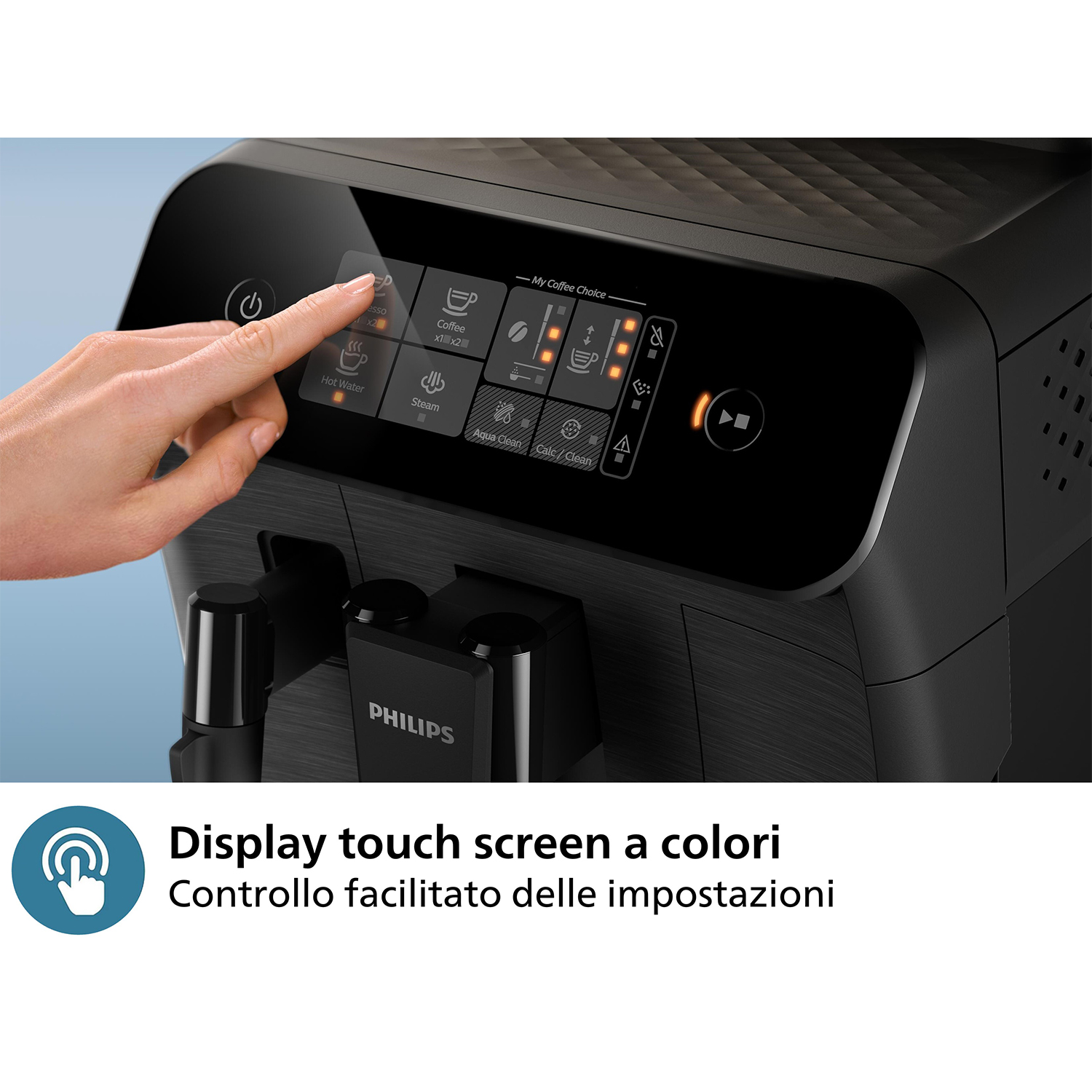 Una macchina da caffè Philips nera con display touchscreen. Una mano tocca lo schermo.
