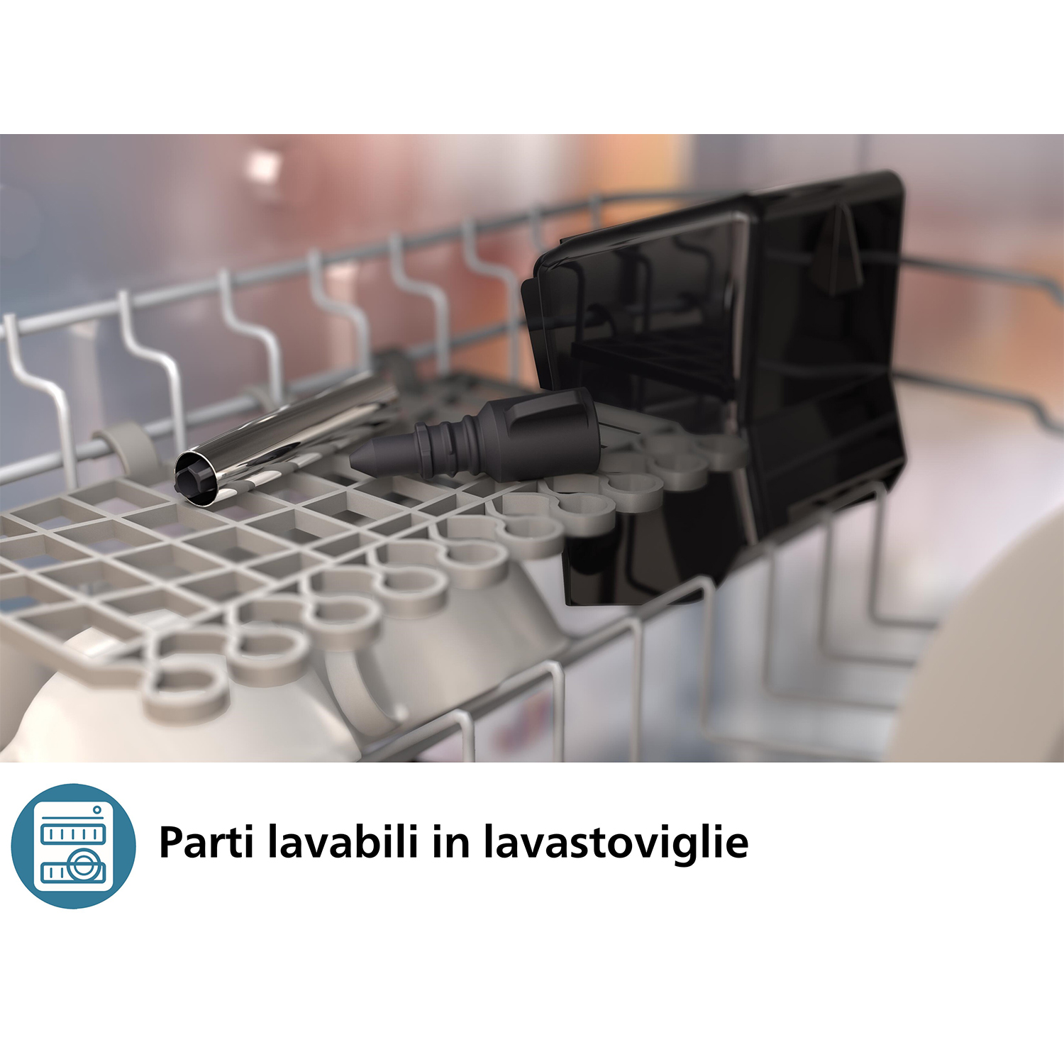 Lavastoviglie con parti rimovibili visibili e testo 'Parti lavabili in lavastoviglie'.