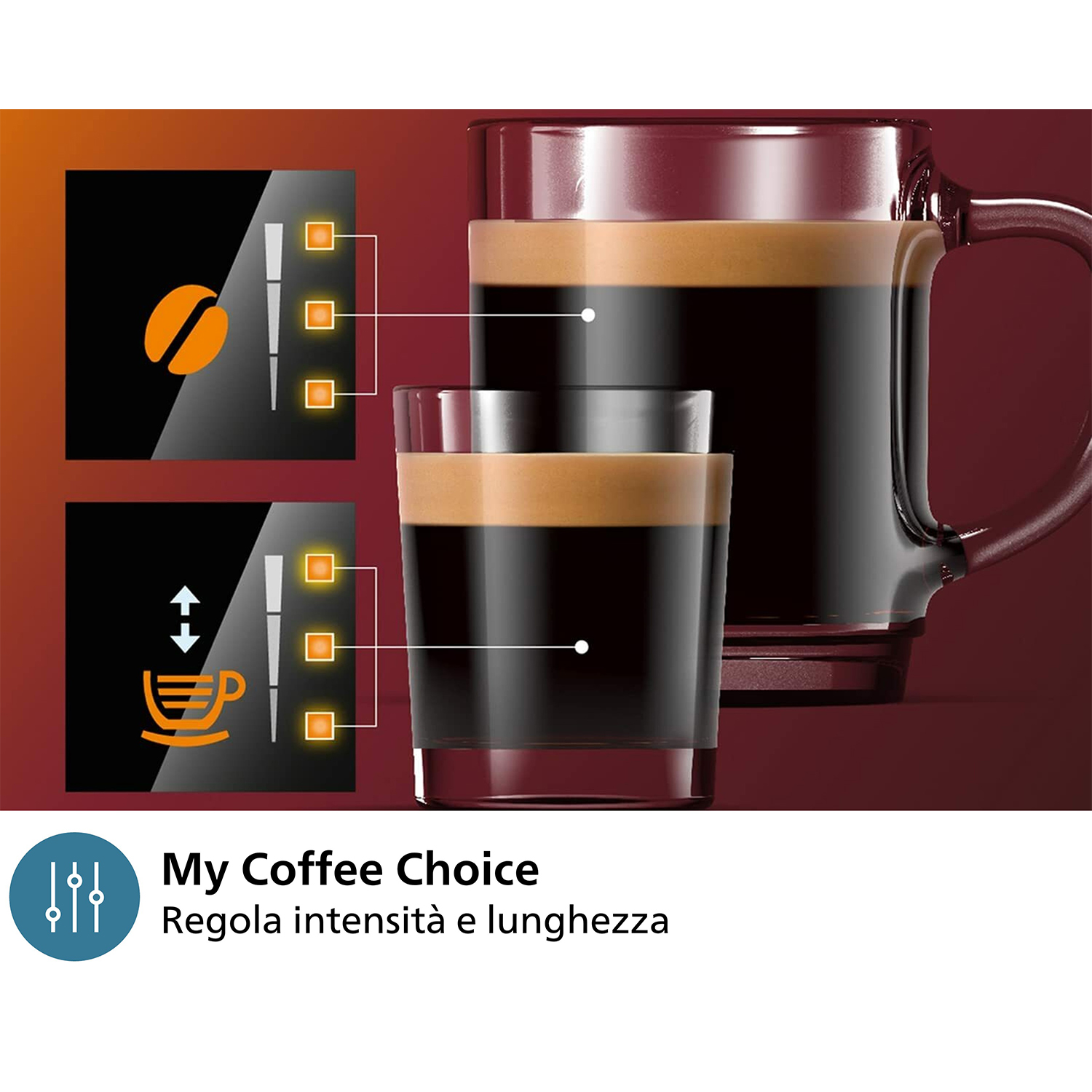 Interfaccia macchina caffè con opzioni per chicco, tazza. Vengono mostrati due bicchieri di caffè.