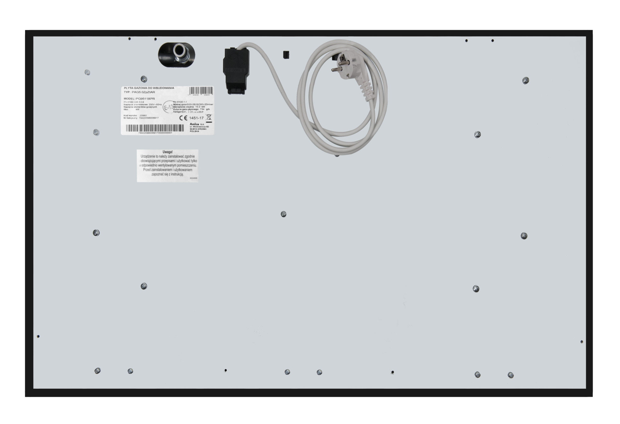 Tył czarnej płyty grzewczej ze śrubami i kablem zasilającym.