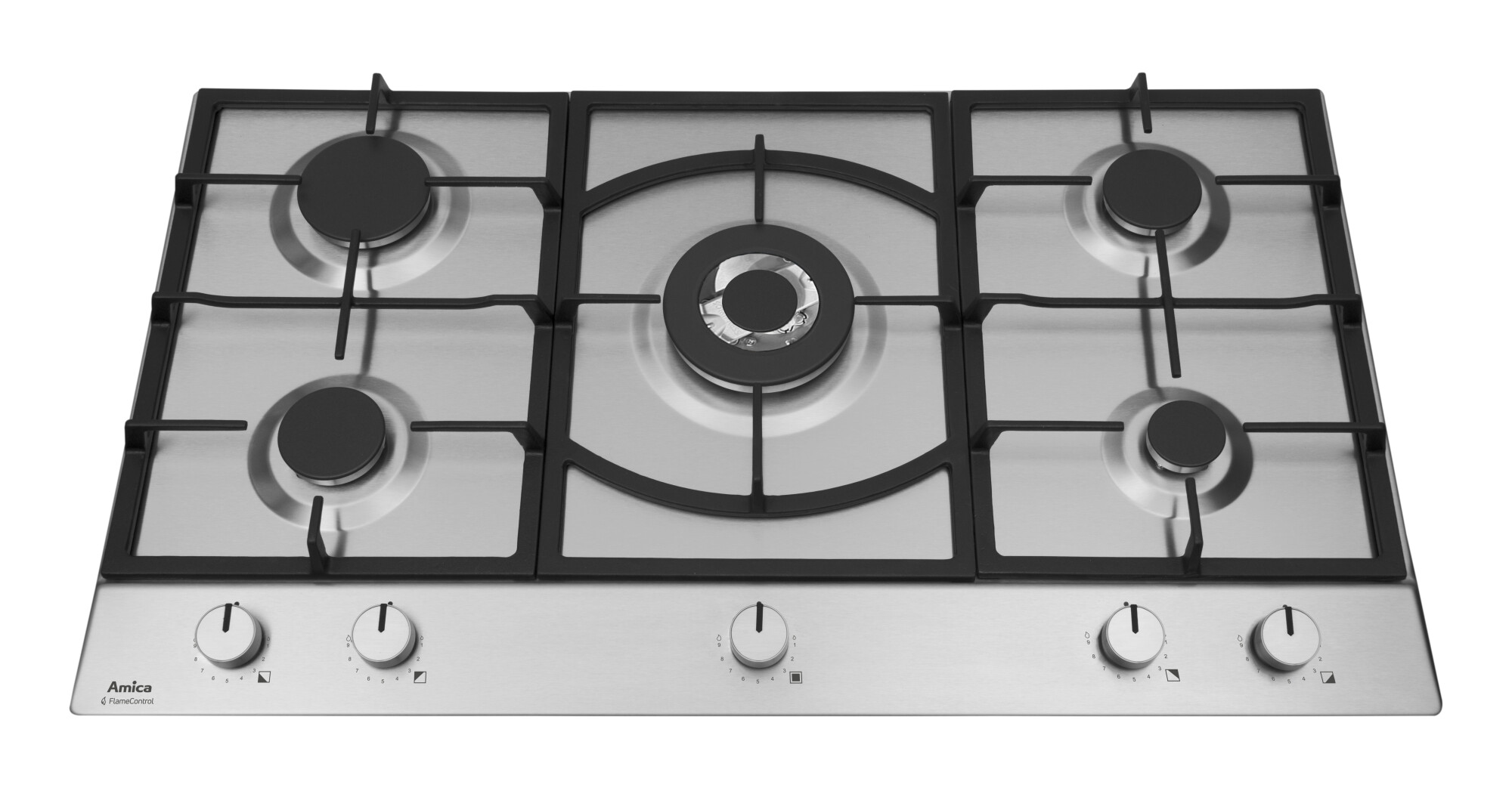 Płyta gazowa ze stali nierdzewnej z pięcioma palnikami. Pokrętła poniżej, logo Amica w rogu.