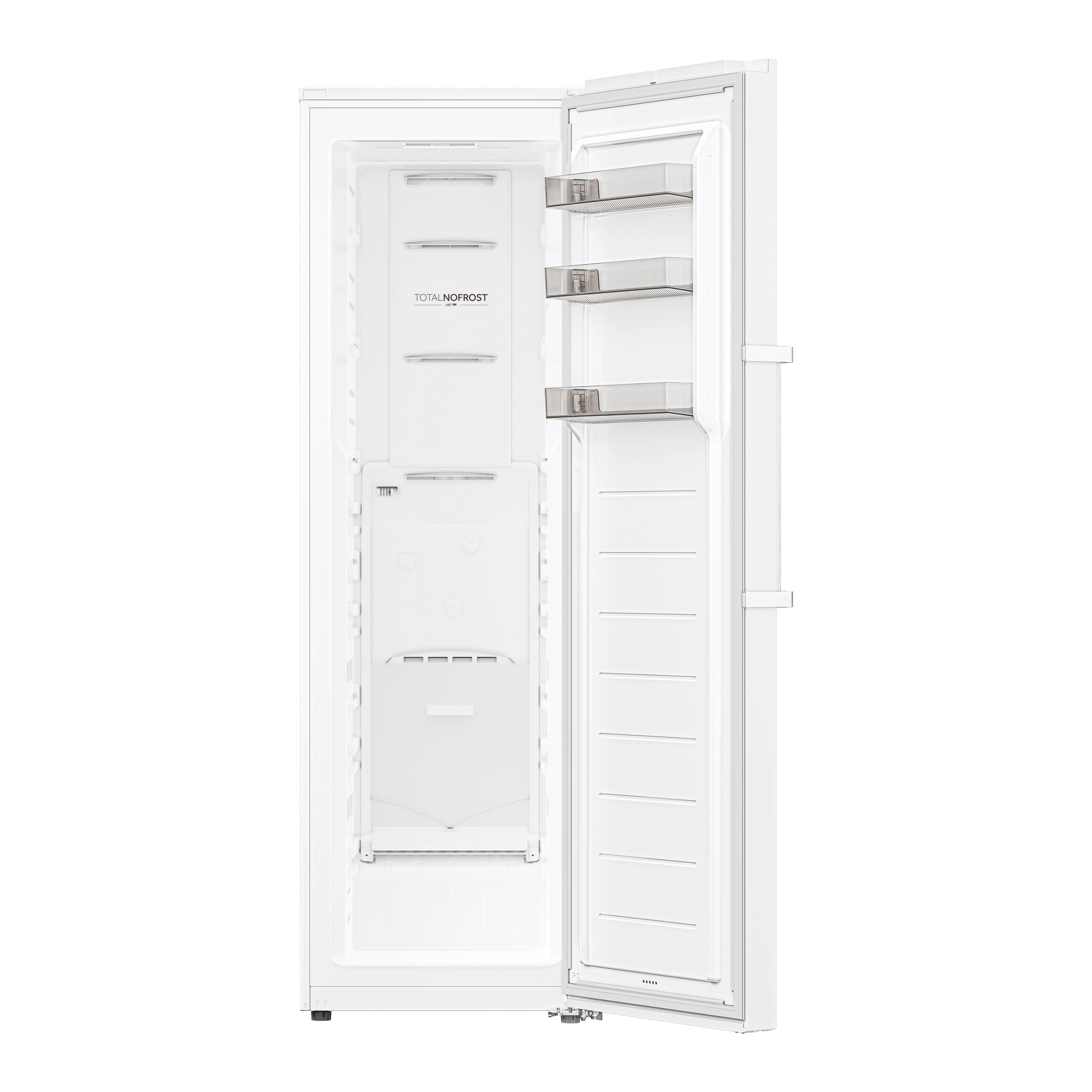 Weißer Kühlschrank mit offener Tür, zeigt Regale, Fächer und Text 'TOTAL NO FROST'.