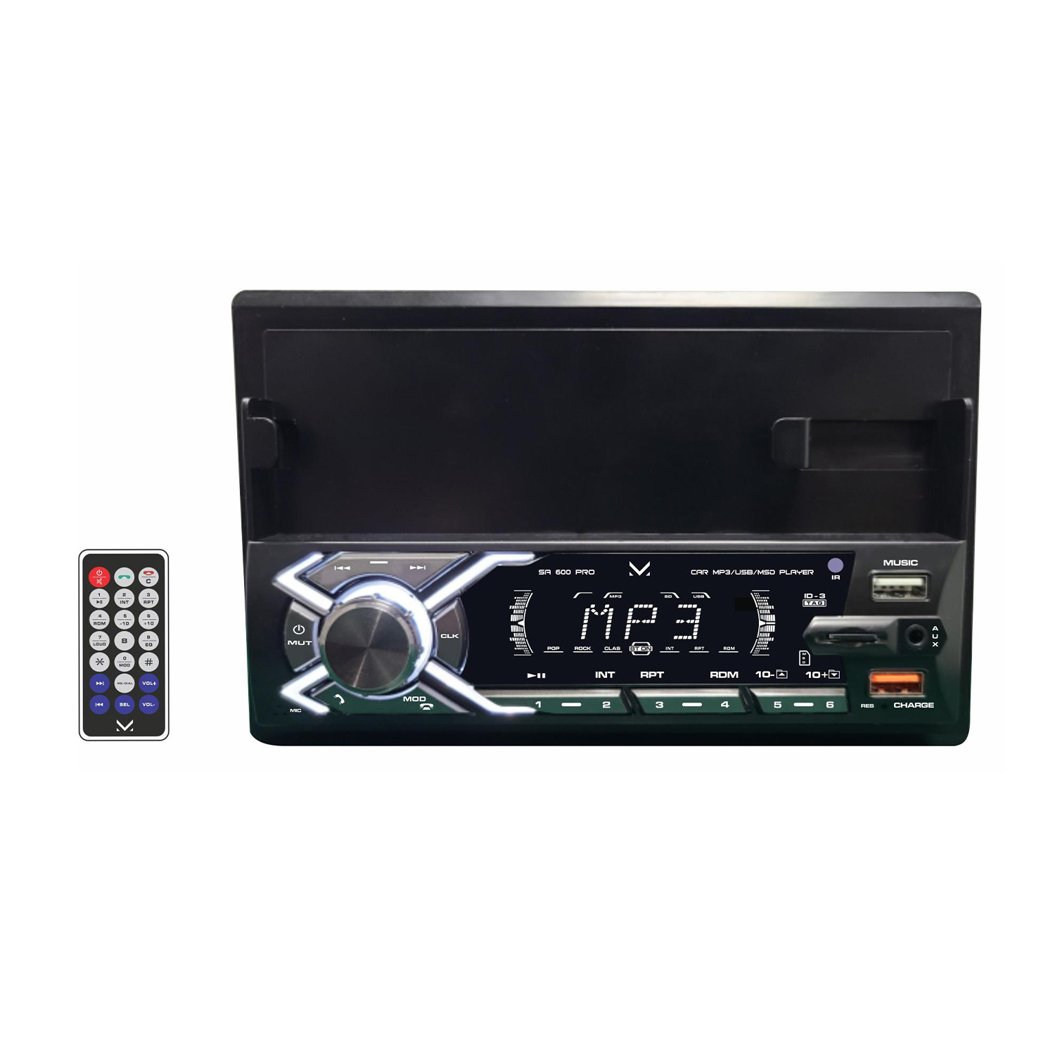 Autoradio con telecomando, schermo con info MP3, pulsanti e porte USB/ricarica.