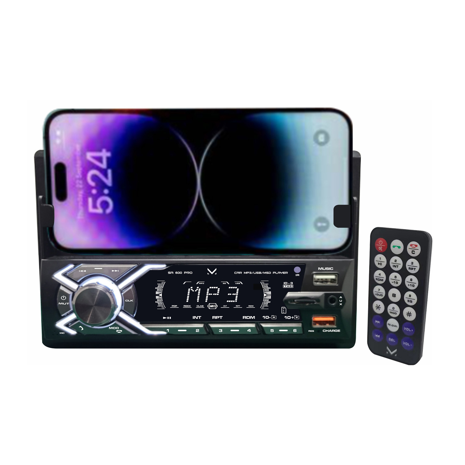 Autoradio con supporto per telefono. Il telefono mostra l'ora. Telecomando e pulsanti visibili.