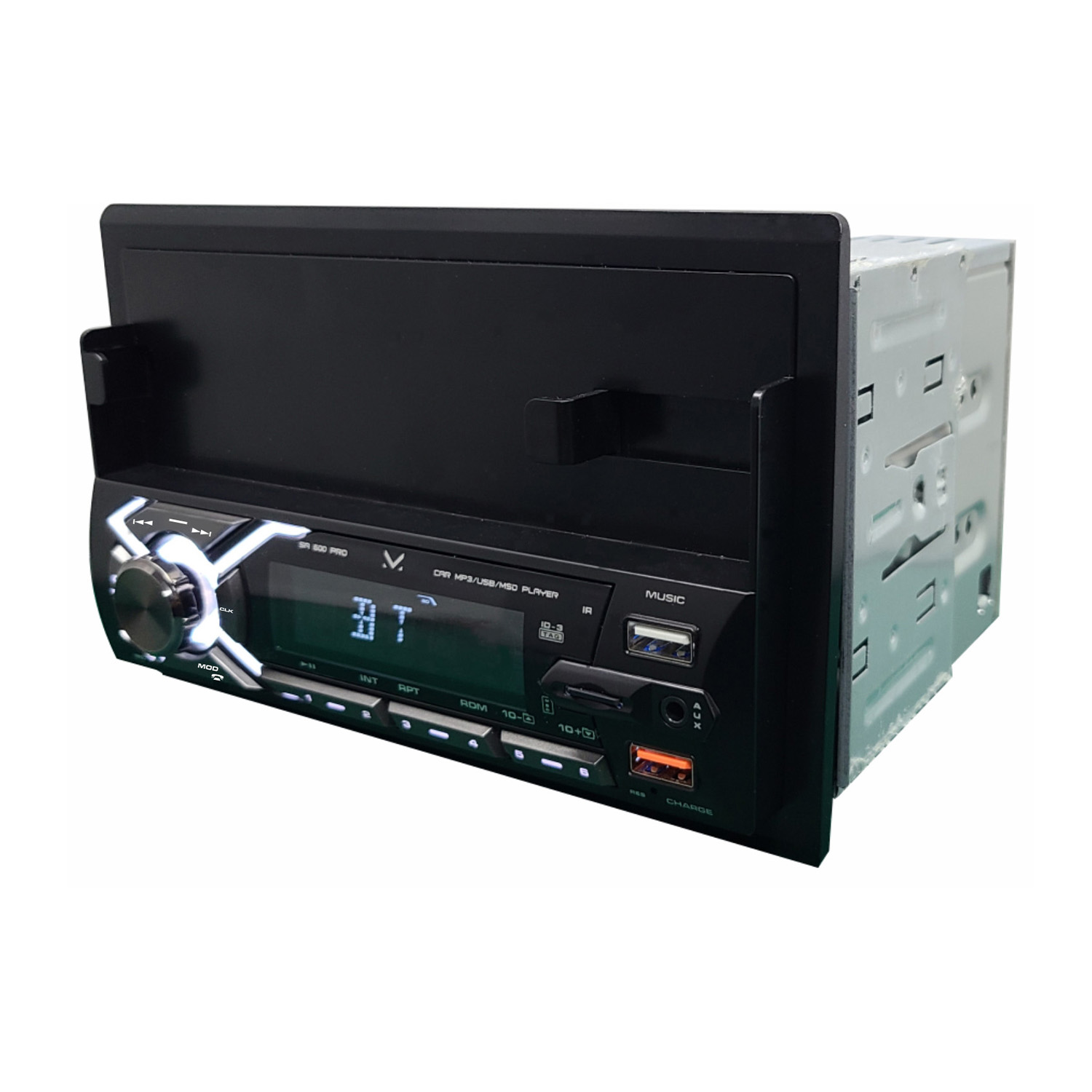 Autoradio con frontalino nero, display e vari pulsanti.