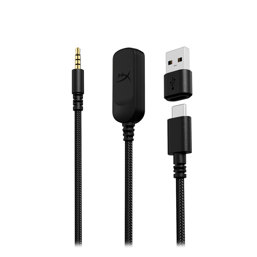 Schwarzes Audiokabel mit drei Anschlüssen: 3,5 mm, USB und USB-C.