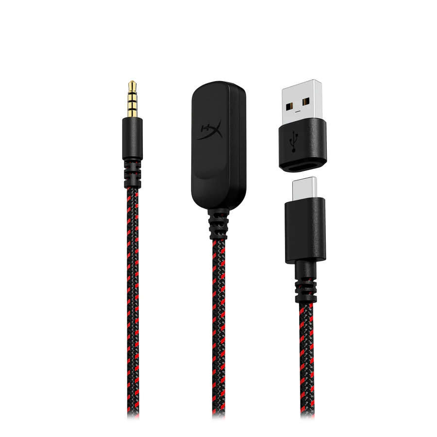 Schwarz-rote geflochtene Kabel mit Anschlüssen für Audio und USB.