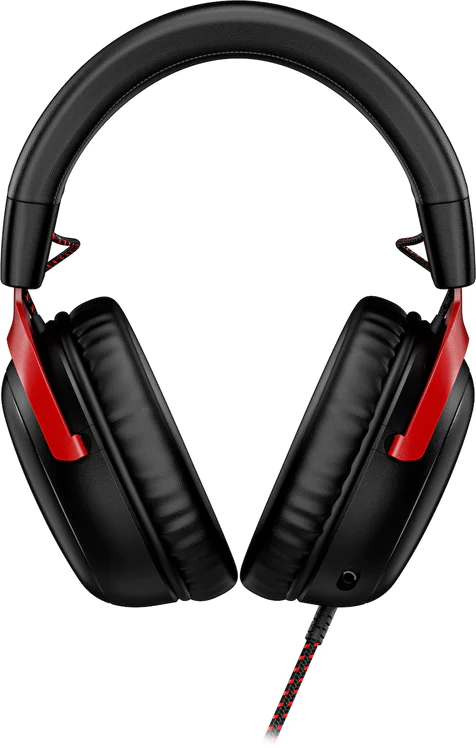 Schwarze und rote Gaming-Kopfhörer. Sie haben ein gepolstertes Kopfband und Ohrmuscheln sowie ein rotes Kabel.