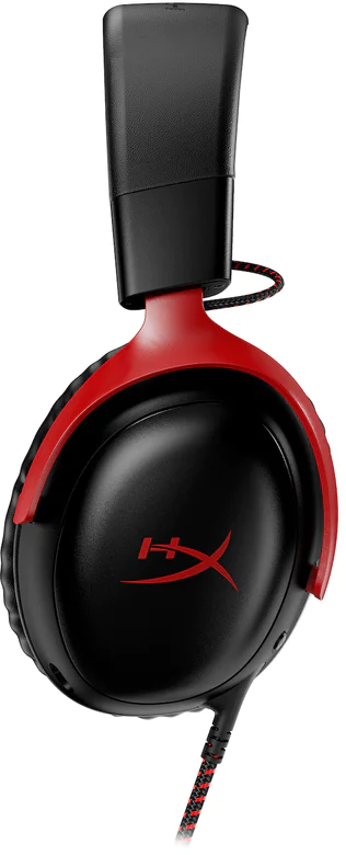Schwarzes und rotes Gaming-Headset mit rotem Logo. Das Kabel ist sichtbar.