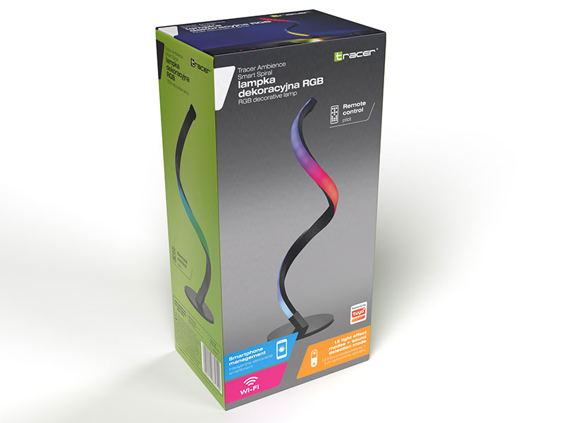 Dekoracyjna lampa RGB w pudełku, czarna lampa, kolorowe światło, białe tło.