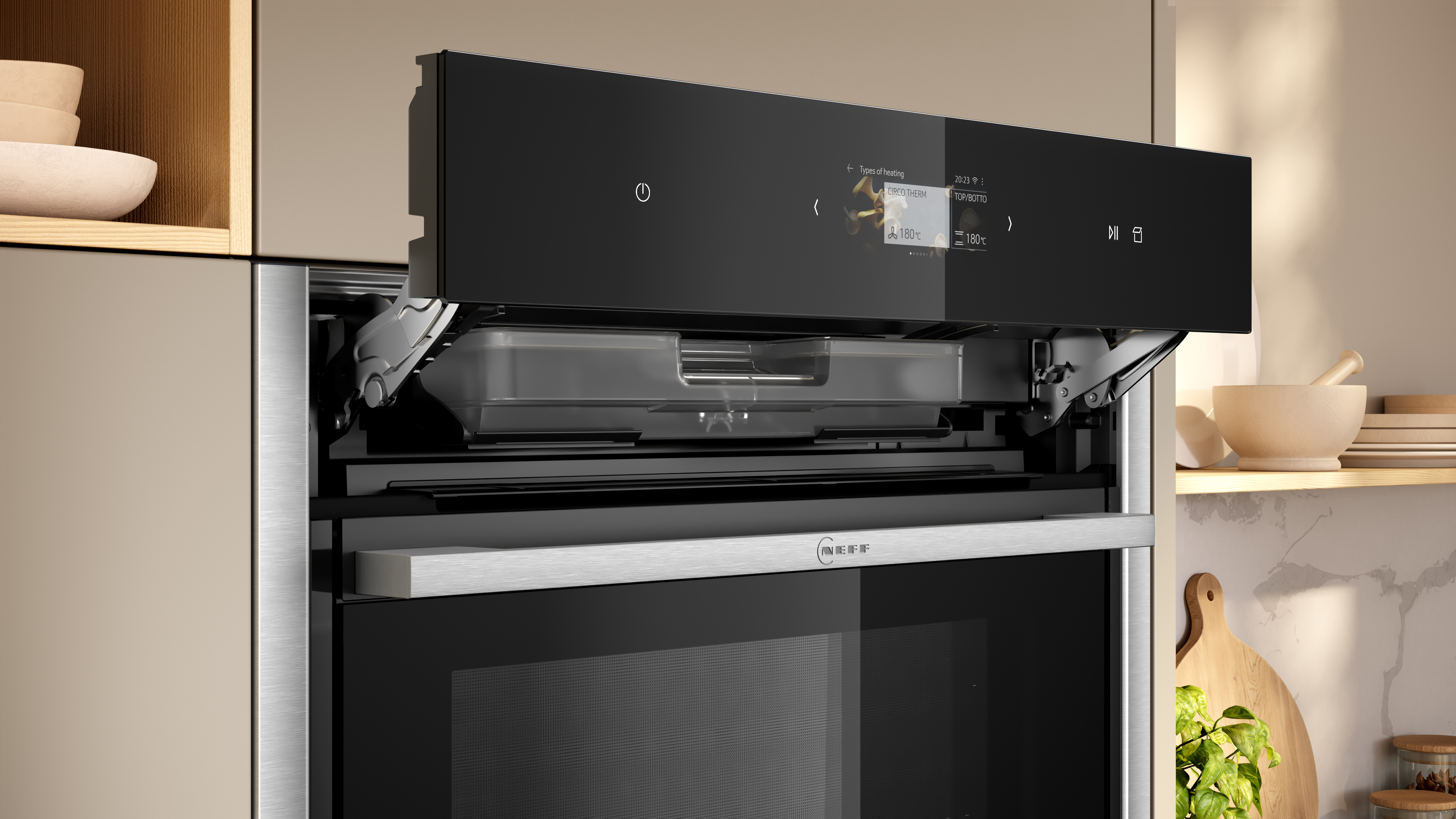 Ein Einbauofen mit schwarzem Bildschirm und Menüanzeige.
