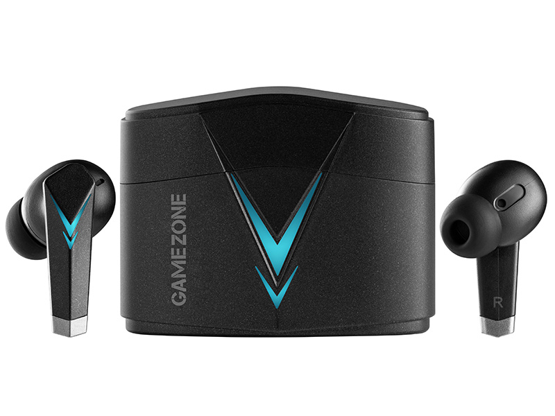 Czarne i niebieskie słuchawki douszne do gier i etui ładujące. Etui ma podświetlane V.