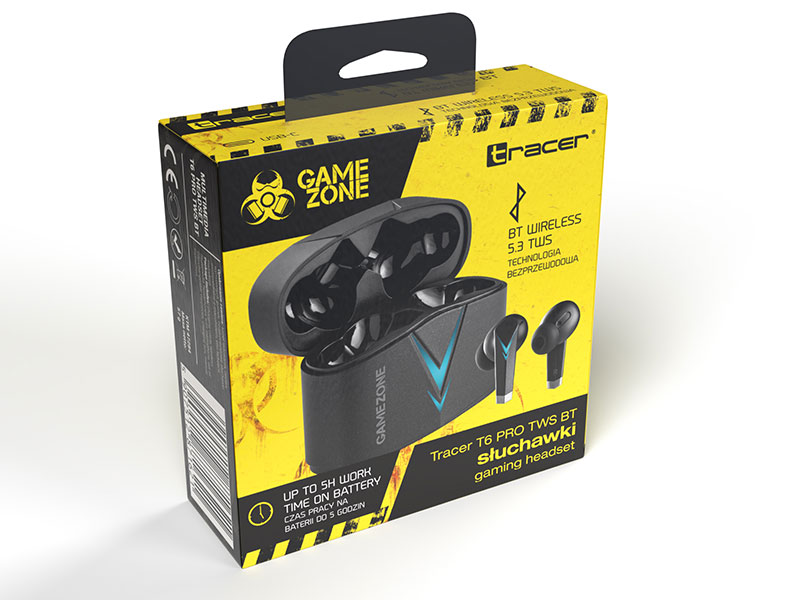 Pudełko z czarnymi słuchawkami bezprzewodowymi marki Tracer.