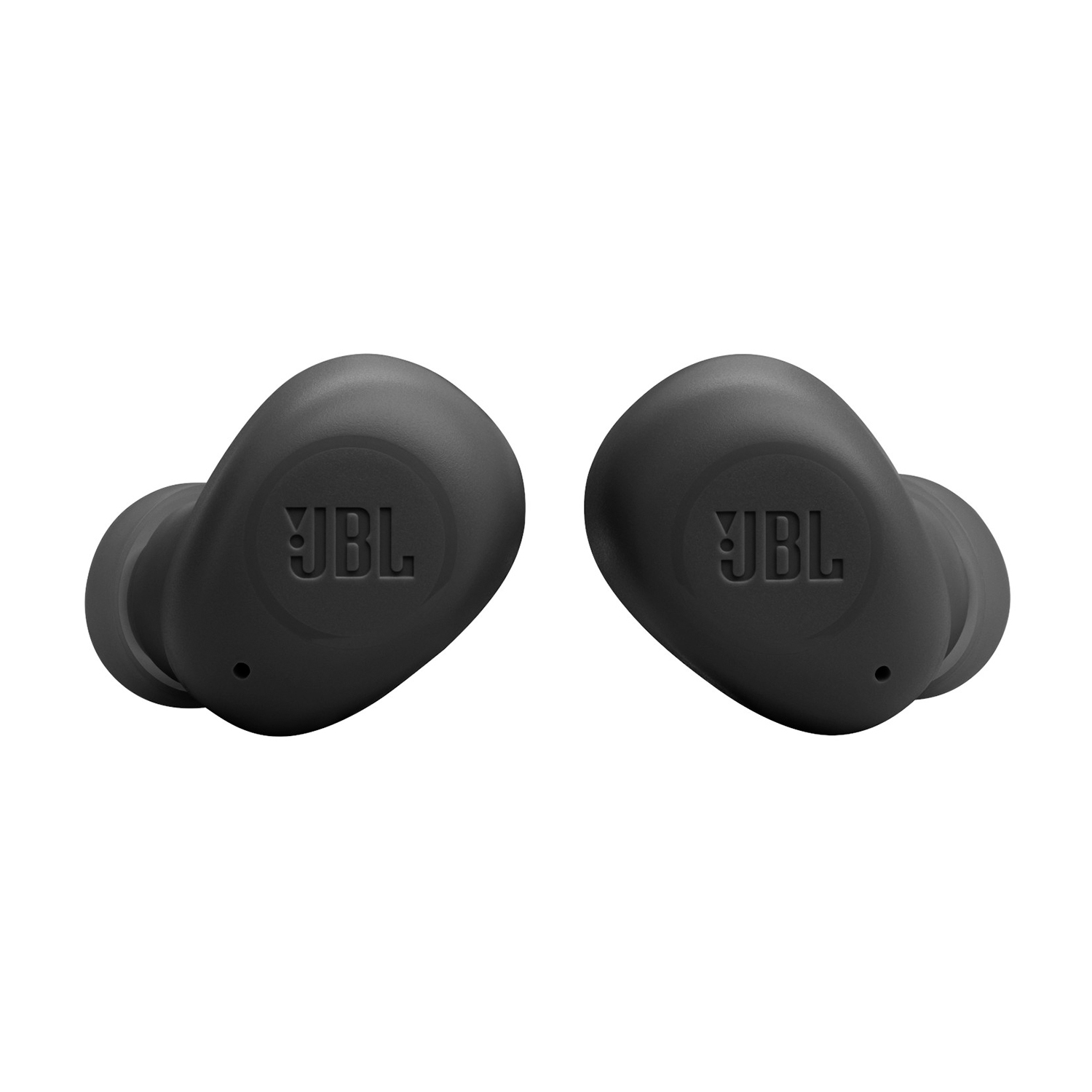 Due auricolari neri con il logo JBL. Sono su uno sfondo bianco.