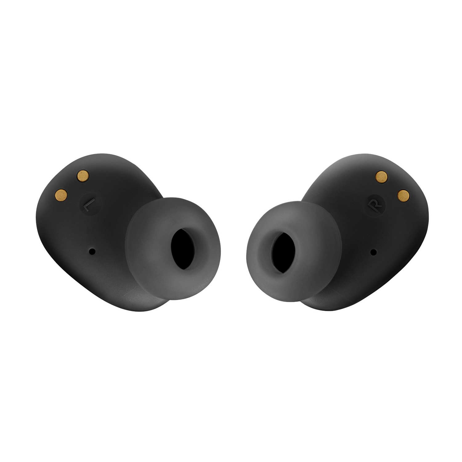 Due auricolari neri con punte grigie. La lettera 'R' è su un auricolare.